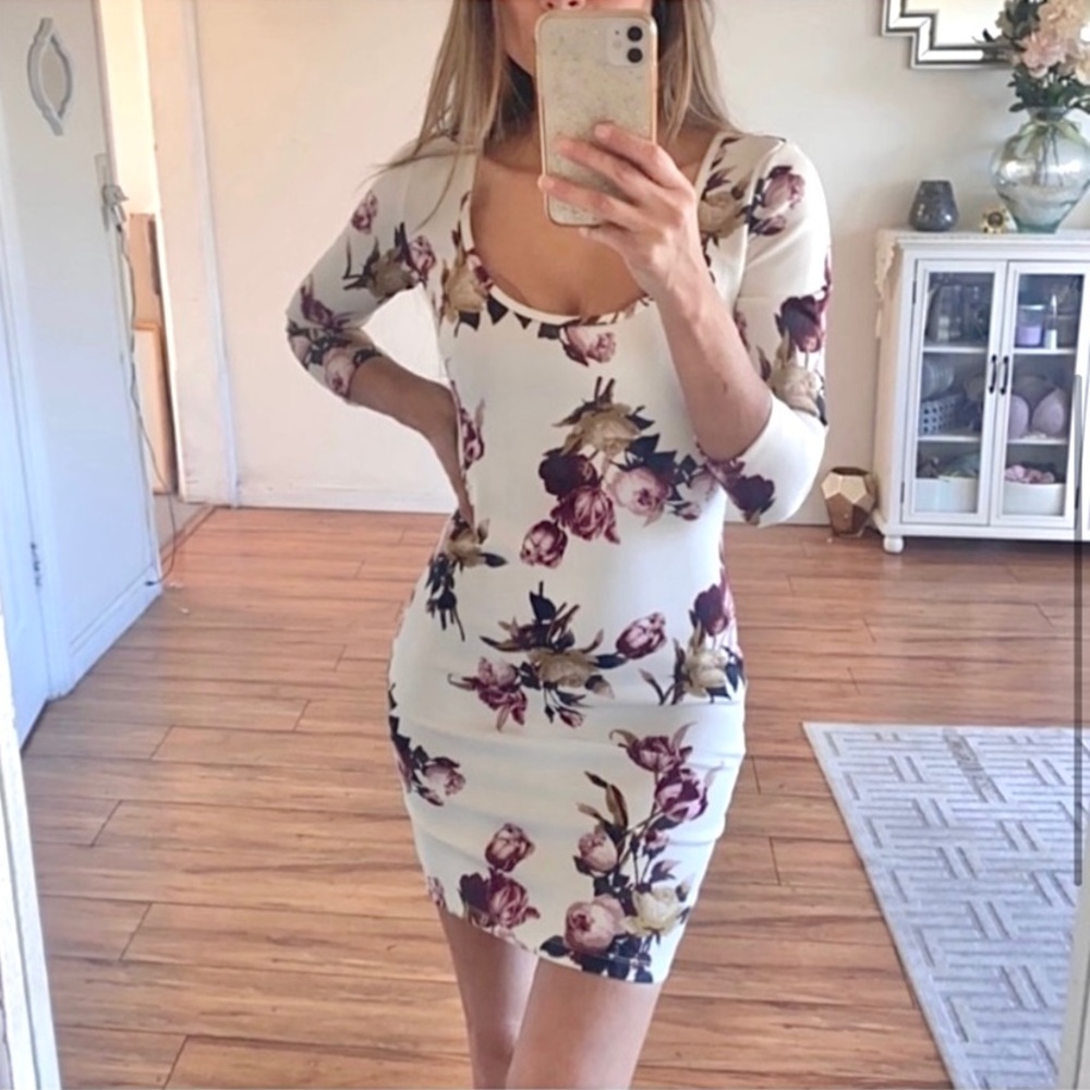 🪞 NEW scoop neck long sleeve floral dressy midi length dress floral cream multi